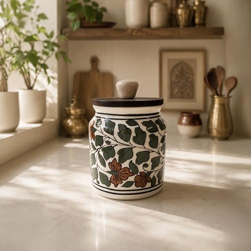 Image of Ceramic Kitchen Jars for Storage | Air Tight Containers with Wooden Lids | Masala, Salt, Pickle, Dry Fruits & Multi Utility Items Organiser Set (Hand-Painted, Green Leaf, 450 ML, Pack of 1)