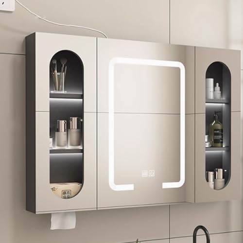 Smart - Espejo de baño LED antivaho, almacenamiento de aluminio con control táctil, luz regulable, estantes multicapa, puerta S y agujero de papel, gris (90 x 11 x 65 cm)