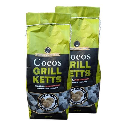 Kokosnuss Cocos Grillbriketts Premium Qualität aus Kokos-Kohle | 6kg | extra Lange Brenndauer | Raucharm + GRATIS HL Kauf Block