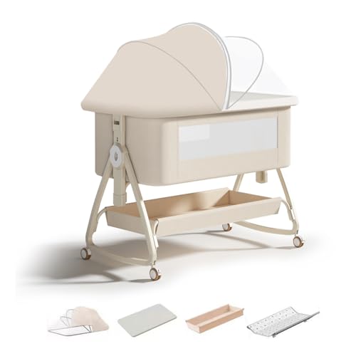 4-in-1 babybedje wieg, naast mij wieg met matras, 6 in hoogte verstelbare co-slapende babybedje, afneembaar net, opbergmand en commode, kan 0-3 jaar naar een wieg worden overgeschakeld (beige)