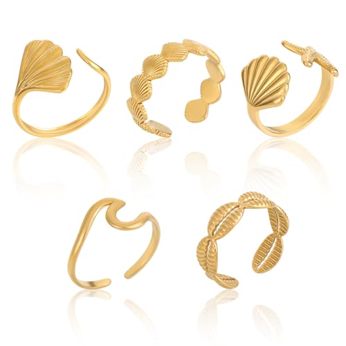 Mikovivi 5pcs Bagues Coquillages Dorées pour Femme, Élégantes et Réglables Style Plage Océan Coquillages Vagues Étoiles Mer Cadeaux Parfaits et...