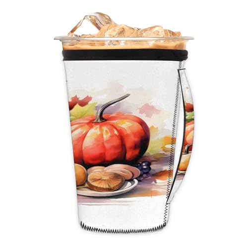 Watercolor Pumpkin Leaf Grape Reusable Neoprene Coffee Sleeve with Handle Insulated Iced Coffee Cup Holder Reduces Condensation Fits 24-28 oz Cups M