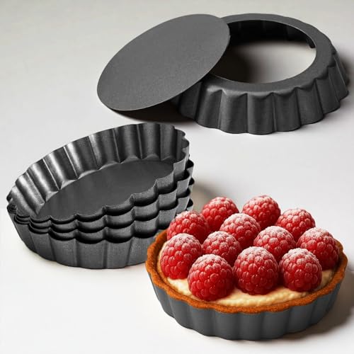 Image of 4 Inch Mini Quiche Pans Black 6 Pack. Egg Tart Molds w /Removable Bottom, Non-Stick Coating, Rugged Carbon Steel for Small Tart Quiche Pie Making. Gift for Women Christmas Thanksgiving Festival