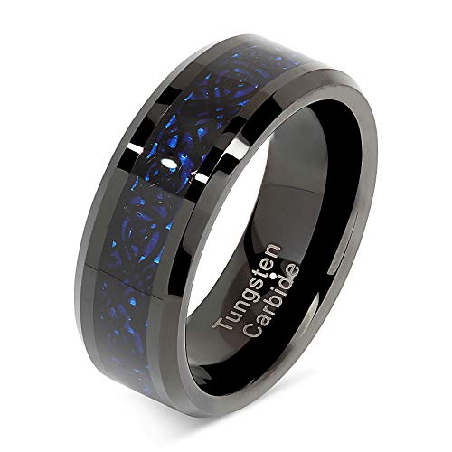 100S JEWELRY Tungsten Rings for Men Wedding Band Black Plated Celtic Dragon Inlaid Size 8-15