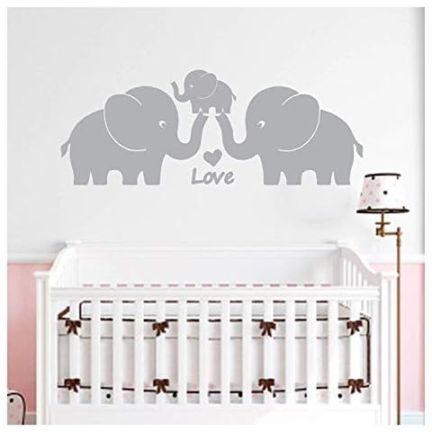 AIYANG Three Cute Elephants Family Wall Decal Love Hearts Family Words Baby Elephant Vinyl Wall Decal Sticker for Baby Nursery Room Decor (Small 30"x12" inch, Grey) Cover
