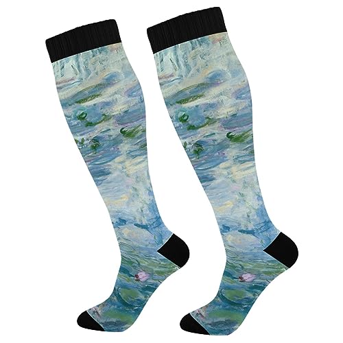 Compression Socks for Women and Men, Water Lilies Claude Monet Oil Paintings Flowers 1 Pairs Long Socks for Athletic Running, Hiking