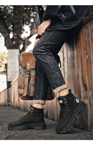 High-Top PU Leather Hiking Boots Men's Style, Street Sports Black Motorcycle Work Boots, Casual Round Toe Lace-Up Shoes, Universal Fit for Spring/Fall, All-Season4