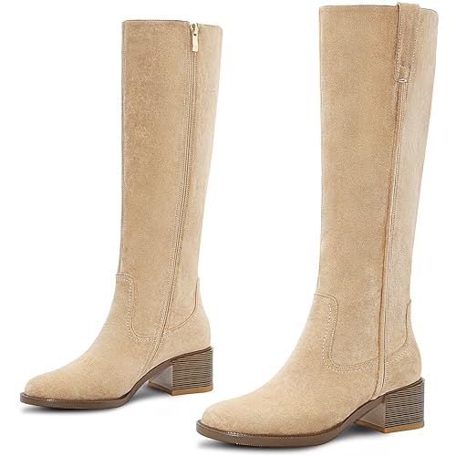 Image of Women's Knee High Boots Chunky Low Block Heel Round Toe Faux Leather Rinding Boots with Side Zip Fashion Tall Boots for Women