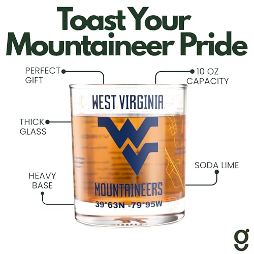 Image of Greenline Goods West Virginia University Mountaineers Whiskey Glasses Set of 2, 10 oz Rocks Glasses with Full-Color Logo & Campus Map - Officially Licensed Bourbon Glass Gift for Alumni & Fans