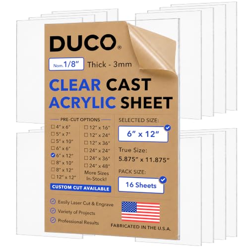 Duco 1/8" Clear Cast Acrylic Sheets, 6"x12" Plexiglass Sheets, 16 Pack