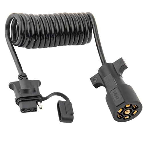 MECMO 7 Way Blade to 4 Way Flat Trailer Adapter Coiled Wiring Harness 7.5ft Male 7 Pin to 4 Pin...