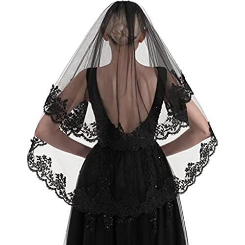 RUNRAYAY Schwarzer Spitzenschleier, Halloween Schleier Vintage Beerdigung Schleier Halloween Hochzeit Schleier 2 Tier mit Kamm für Kostüm Cosplay...
