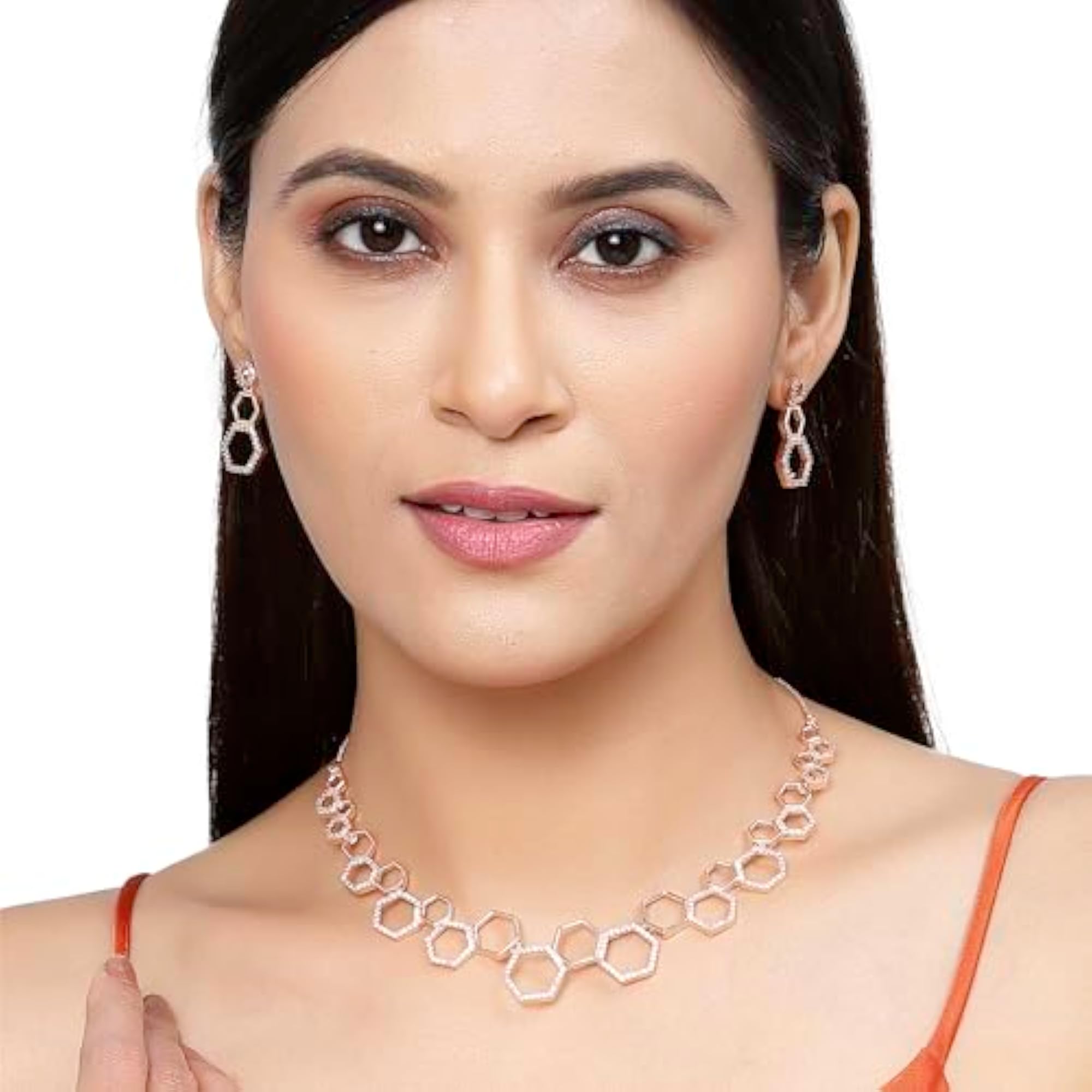 Rhodium-Plated Set: Diamond Necklace & Earrings