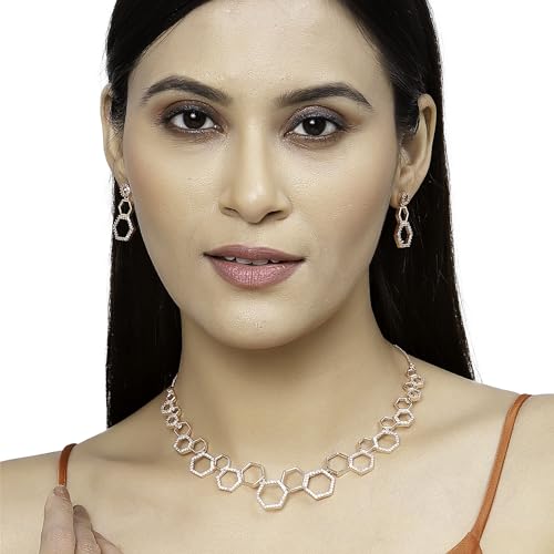 Rhodium-Plated Set: Diamond Necklace & Earrings