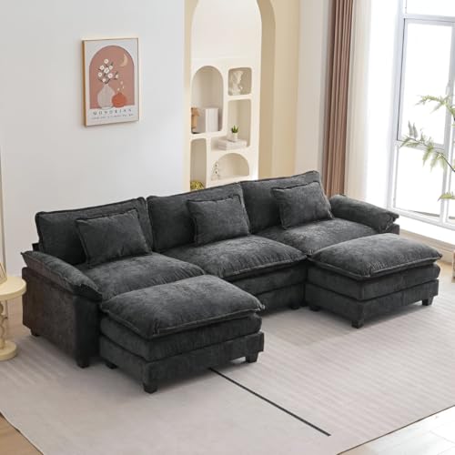 Image of Modern U Shaped Sectional Sofa, Plush Chenille Upholstery, Extra Deep Seats with Throw Pillows for Living Room Office Hotels (Black)