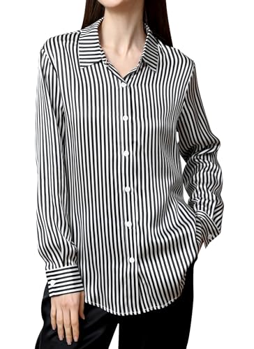 Luxury Mulberry Silk Stripe Silk Blouse Long Sleeve Button-Down Shirt
