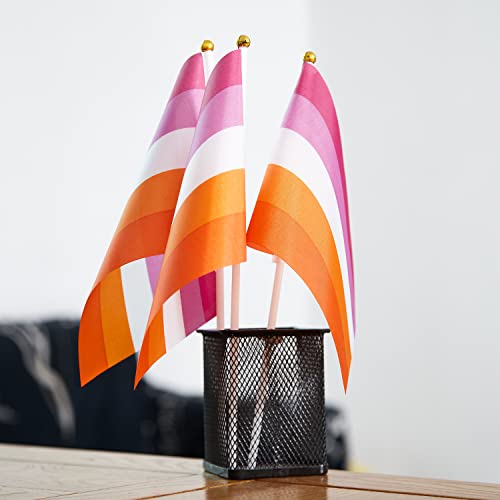 Image of GentleGirl 12 Pack Sunset Lesbian Pride Rainbow Flags Lesbian Small Mini Hand Held Stick Flag Gay LGBT Festival Party Parades Decorations