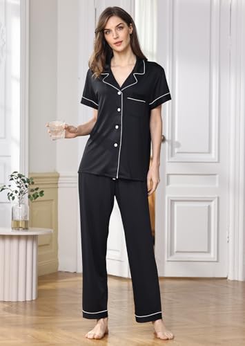 Image of WJing Yi Jia Womens Soft Pajamas Set XS-XXL Button Down Sleepwear Short Sleeves Pajama sets with Long Pants Pj Set Nightwear