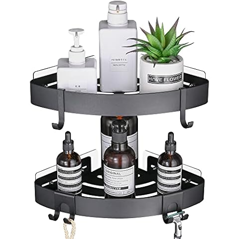 Hoomtaook Duschregal Ohne Bohren Duschablage Schwarz 2 Stück Eckregal Badezimmer Regal Aufbewahrung Organizer Aluminium Wand Montiert Adhesive Rostfrei mit 4 Haken Cover