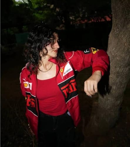 Image of UrbanVibes Red F1 Speed Printed Jacket | Motorsport & Streetwear Fusion | Racing Jacket with Patches, Full Zip Hooded Motorsport Style Outerwear RED