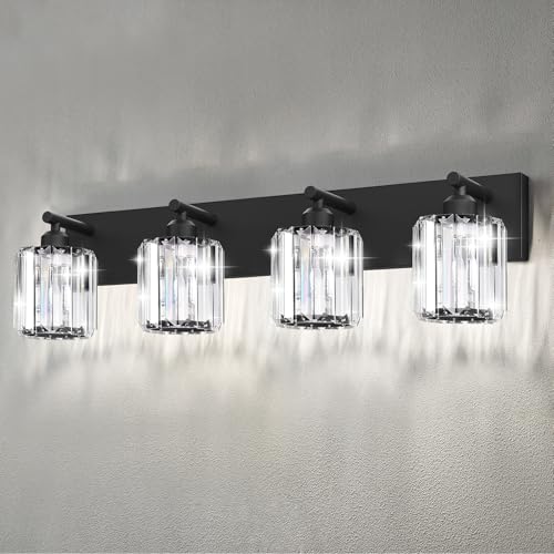 Image of Black Crystal Bathroom Vanity Light, 4-Light Modern Bathroom Lighting Fixtures Over Mirror, Matte Black Wall Sconce Light Fixtures with Round Shade