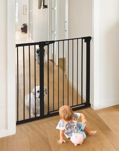 COMOMY 91,5cm Cancelletto per cani Extra Alto, per Scale e Porte, 75 a 110cm di Larghezza, Montato a Pressione Cancellino Bambini di Sicurezza Extra Largo a Chiusura Automatica per Casa, Nero
