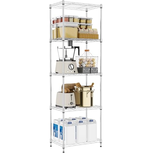 Image of M MZG 5 Tiers Shelf Metal Storage Shelves Wire Rack Closet Organizers with Wheel for Garage Kitchen Bathroom Laundry Chrome 11.8 inch D x 17.7 inch W x 55 inch H