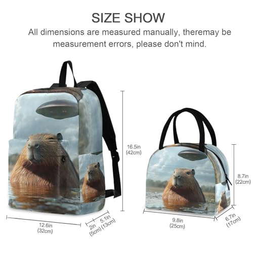 Backpack Lunch Bag Set Capybara Ufo Print, Big Storage Travel Backpacks with Insulated Lunch Box for Office Hiking Picnic2