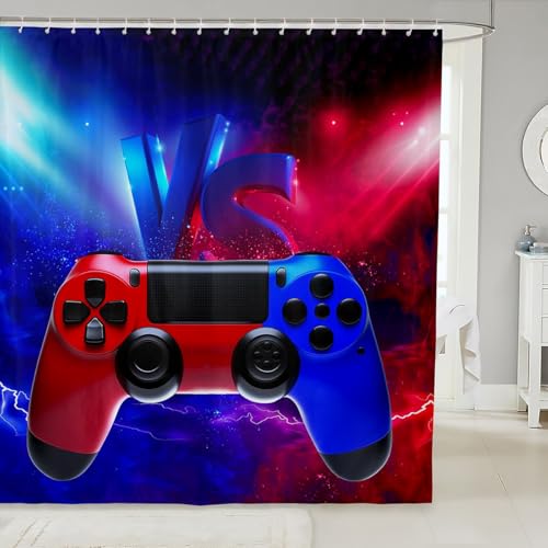 Image of Teens Gamer Bath Curtain for Boys Children Kids Gaming Cloth Fabric Bathroom Decor Lightning Decorative Young Men Video Game Shower Curtain Red Blue Gamepad Shower Curtains Set with Hooks 72x72 Inch