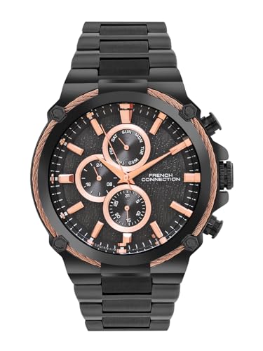 Image of French Connection Astro Multifunction Black Round Dial Stainless Steel Strap | Casual | Premium | See Through Feature | Sunray Feature Wrist Watch for Men - FCH18BM