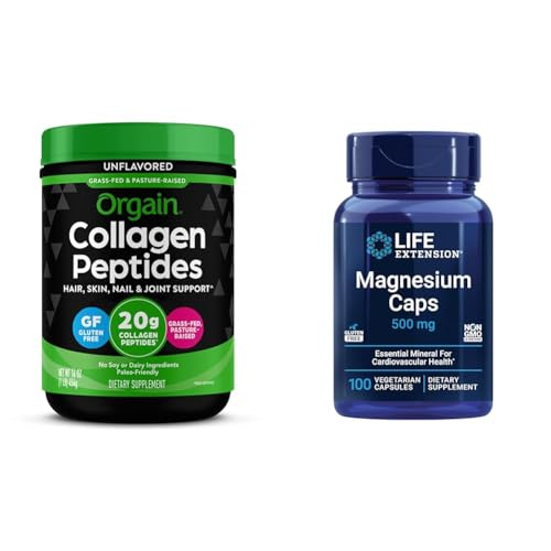 Orgain Hydrolyzed Collagen Peptides Powder, Life Extension Magnesium Caps, 500mg - Joint, Hair, Skin, Nail Support & Heart Health