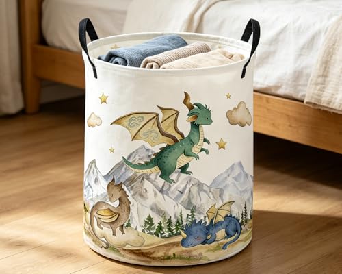 Image of ESSME Kids Laundry Basket,Dinosaur Hamper Collapsible Canvas Waterproof Storage Bin for Girls, Cute Hamper,Gift Baskets(Mountain dinosaur)