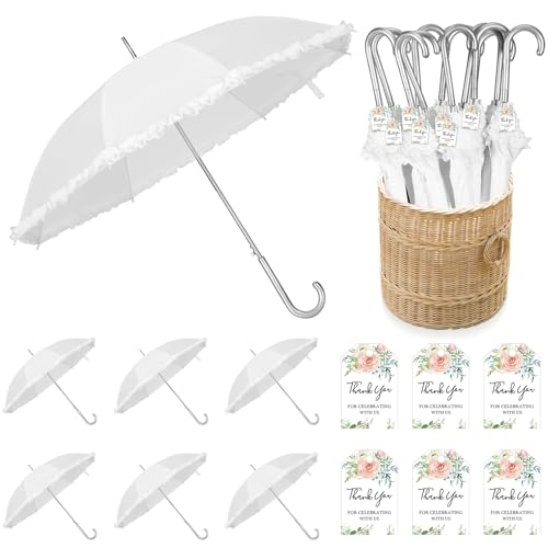 Abbylike 6 Pcs Wedding Favors for Guest Umbrella Gifts Bulk 47 Inch White Ruffle Umbrellas with Thank You Tags and Rope Guest Souvenirs for Wedding Party Bridal Favors