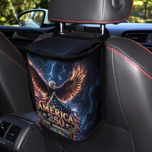 Image of American 250th Car Hanging Trash Can Eagle Patriotic Garbage Can with Adjustable Straps Universal Car Accessories Interior for SUV Trucks