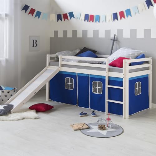 Homestyle4u 2564 Lit mezzanine, pour enfant, blanc, 90 x 200 cm, en bois de pin, avec toboggan,...