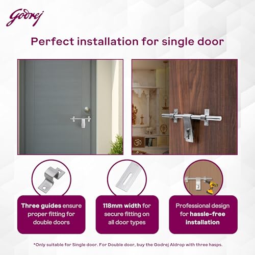Image of Godrej Door Fittings | Aldrop for Main Door (10 inch, Satin Finish) | SS304 Lock for Left & Right Handed Doors | Suitable for All-Type Doors of Residential & Commercial Complexes | Size 16 x 300 mm