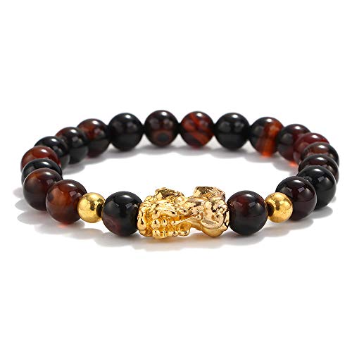 Shiyi Feng Shui Buddha Bracelet Golden Piuxiu Charm Bracelet Natual Tiger Eye Stone Quartz Crystal Beads Wealth Bracelet(Striped Agate)