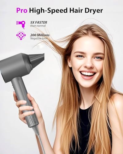 Hair Dryer, 160000 RPM Professional High-Speed Blow Dryer 200 Millions Negative Ionic Care Hair Dryer for Fast Drying, Low Noise Thermo-Control Hairdryer, Travel with Magnetic Nozzle, Gray