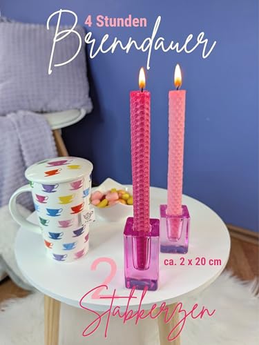Wachsmann Bienenwachskerzen handgerollt, 100% Bienenwachs, 2er Set in vielen Farben, Made in Germany (Rosa/Pink)