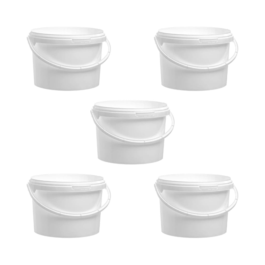 Invopak 5 x 3 Litre Food Grade Plastic Buckets with Lid and Handle - White, Airtight, Recyclable & BPA Free