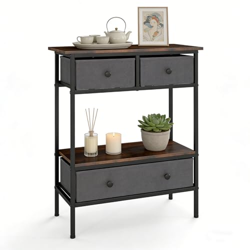 LIFEZEAL Mesa Consola Entrada Industrial con Cajones, 80x30x85,5 cm, Estantes Madera y Metal, Consola Detrás del Sofá para Pasillo, Diseño Ahorra Espacio, Robusta y Estable