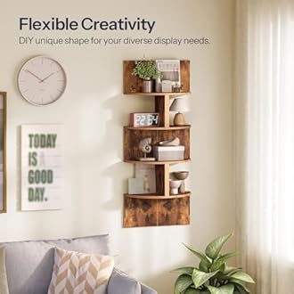 HOOBRO Corner Shelf Wall-Mounted, Set of 2 Floating Corner Shelves for Wall, 4-Tier Corner Bookshelves for Living Room, Bedroom, Bathroom, Home Office, Rustic Brown BF25BJP201