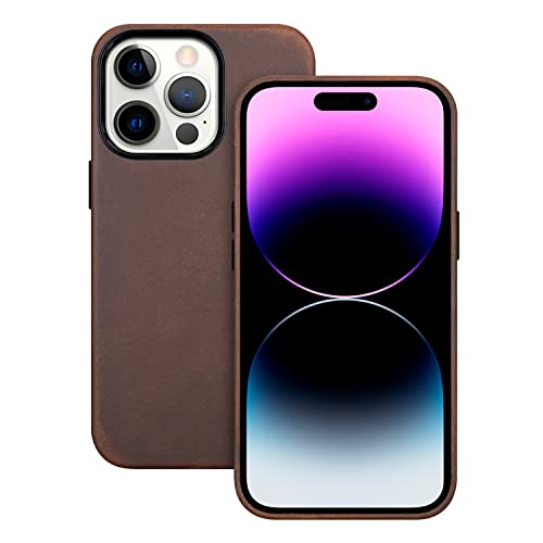 Maogoam Iphone 14 Pro Leather Case Compatible With Magsafe For Men, Genuine Vintage Oil Wax Crazy Horse Cowhide Leather Case For Iphone 14 Pro 6.1", Indiana Jones Style, Handmade, Dark Brown #TOP6