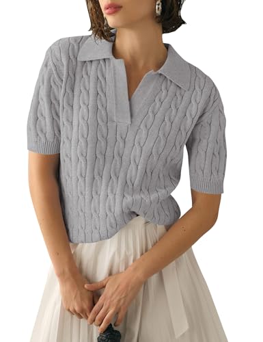 Image of Micoson Womens Short Sleeve Sweater Tops Lapel V Neck Polo Shirts 2026 Summer Cable Knit Loose Blouse Business Casual Outfits