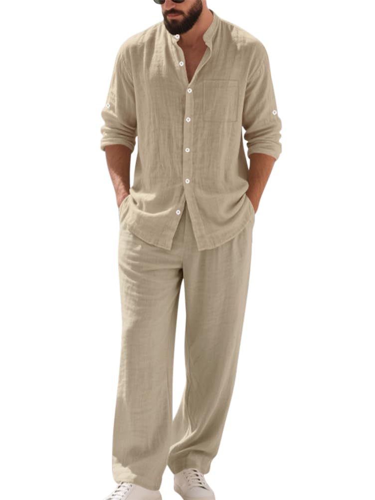 Homme Ensemble en Lin 2 Pièce Chemises Shirt à Manches Longues Pantalons Casual Vintage Survêtement Printemps Été Hauts Chemisette et Pantalon
