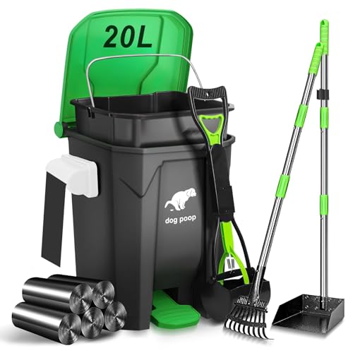 Image of Dog Poop Trash Can Outside with Pooper Scooper and Metal Rake & Tray, 20L /5Gal Dog Waste Trash Can with Lid, Pedal and Removable Inner Waste Bin, Pet Poop Bin with 100 Bags, Green