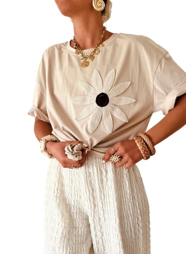 Women's Loose Fit Short Sleeve Crew Neck T-Shirt Solid Casual Floral Tops for Beach Work and Everyday Wear