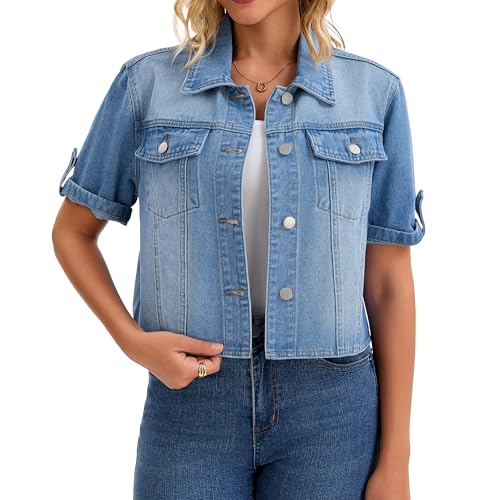 Womens Short Sleeve Denim Jackets 2025 Collared Button Up Cropped Jean Jacket
