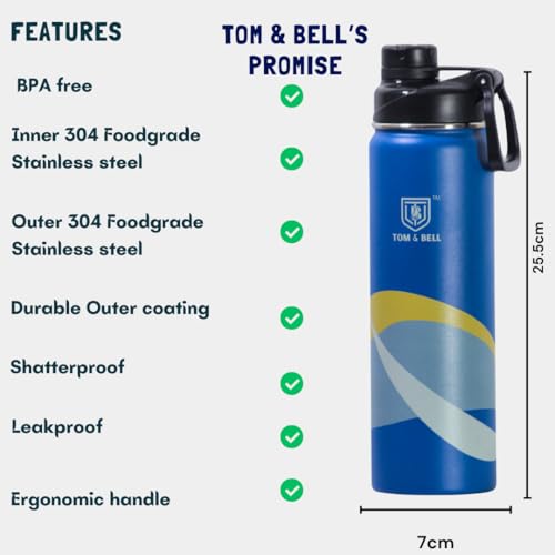 Image of TOM&BELL Water Bottle for Kids, Kids Water Bottle for School, 304 Stainless Steel hot and Cold Thermosteel Leakproof Water Bottle, Double wall Bottle (Blue650, 650 ml)