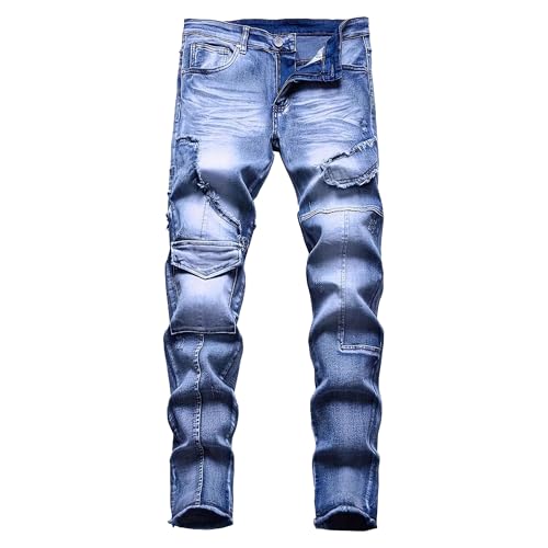 Ripped Jeans Men Mens Straight Leg Jeans Patchwork Distressed Biker Jean Streetwear with Pockets